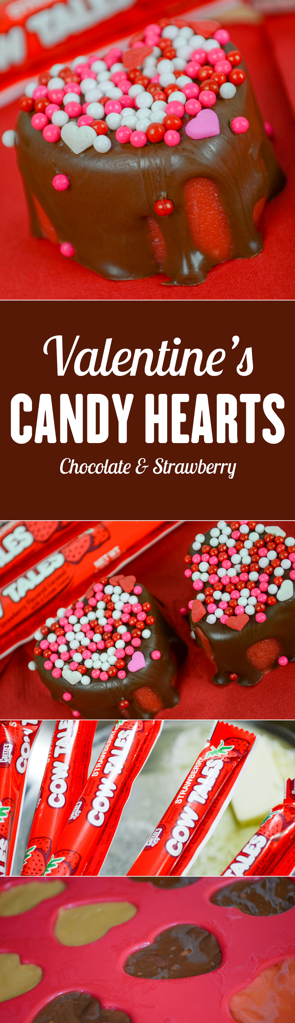 What a sweet idea! I love chocolate covered strawberries! Recipe: Chocolate & Strawberry Valentine's Day Candy Hearts Made With Strawberry Cow Tales®, Silicon Heart Candy Mold, Valentine's Day Sprinkles, and Chocolate Chips