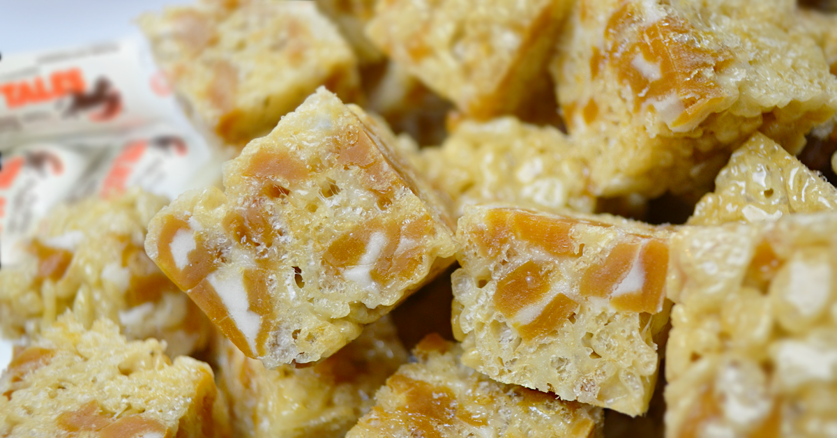 Cow Tales® Caramel Crispy Treats Recipe: Homemade crispy treats filled with caramel bits! The BEST!