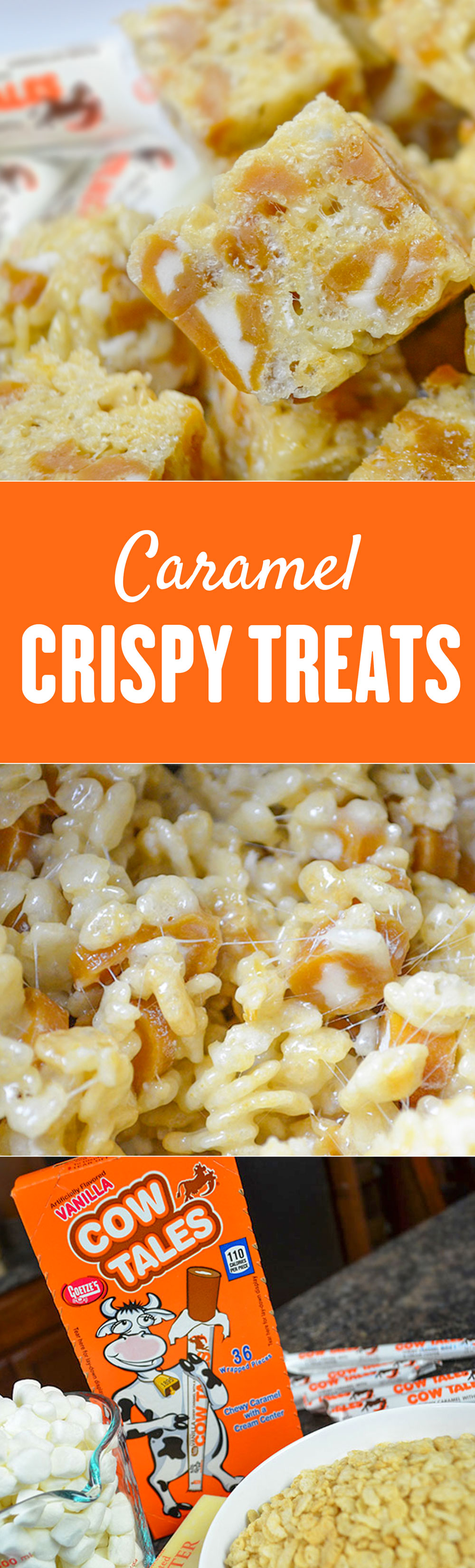 THE BEST homemade crispy treats with bits of caramel. Bet you can't have just one! Cow Tales crispy treats recipe...